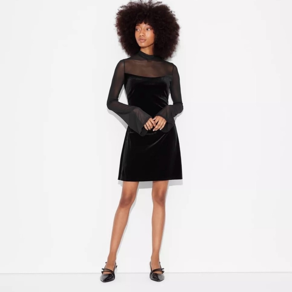 Wild Fable Bell Long Sleeve Mesh Mini A-Line Dress Holiday
